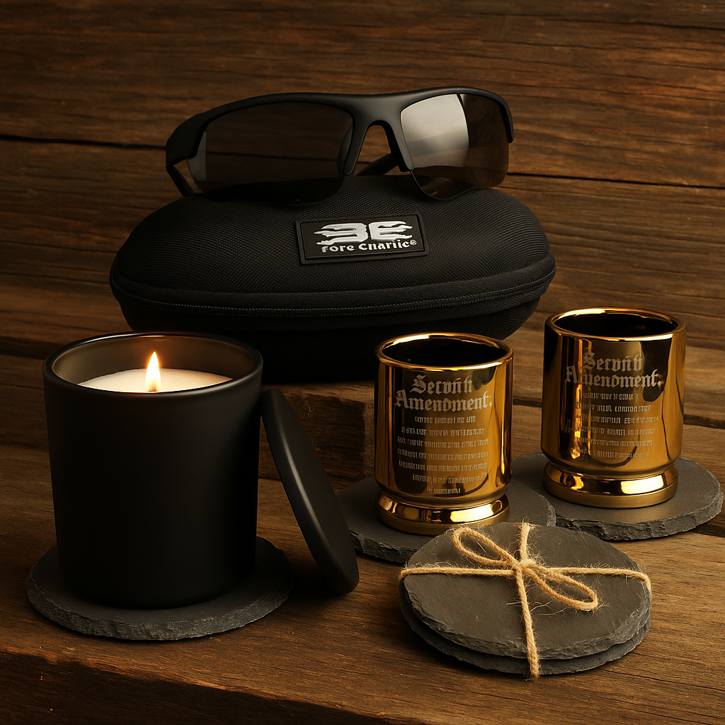 Black candle, gold shot glasses, sunglasses case, and slate coasters on a wooden surface.