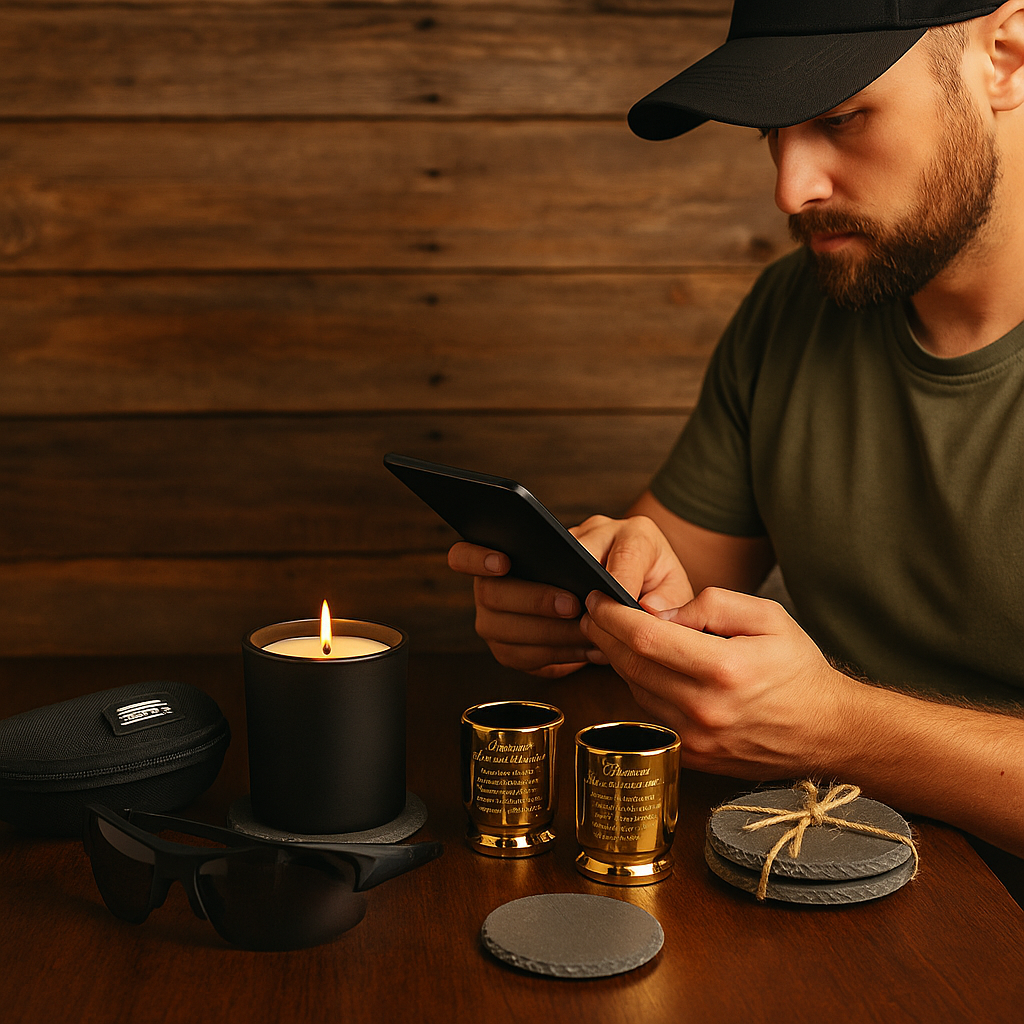 Man using a smartphone with a candle and decorative items on a wooden table.