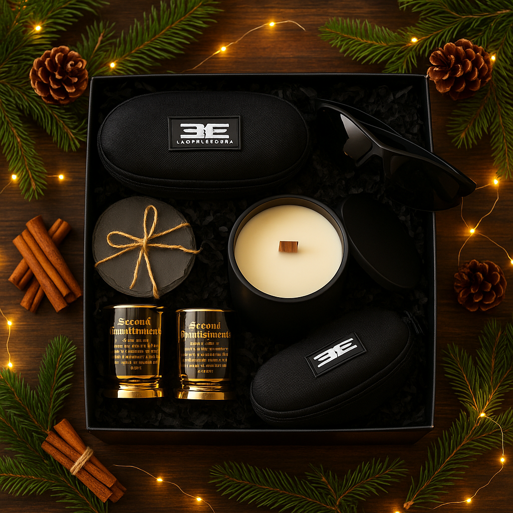 Gift set with candles, tumblers, and coasters in a black box on a wooden surface with Christmas decorations.