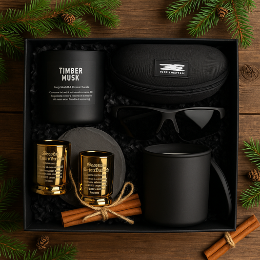 Gift set with black mug, candles, and sunglasses on a wooden surface with pine branches.