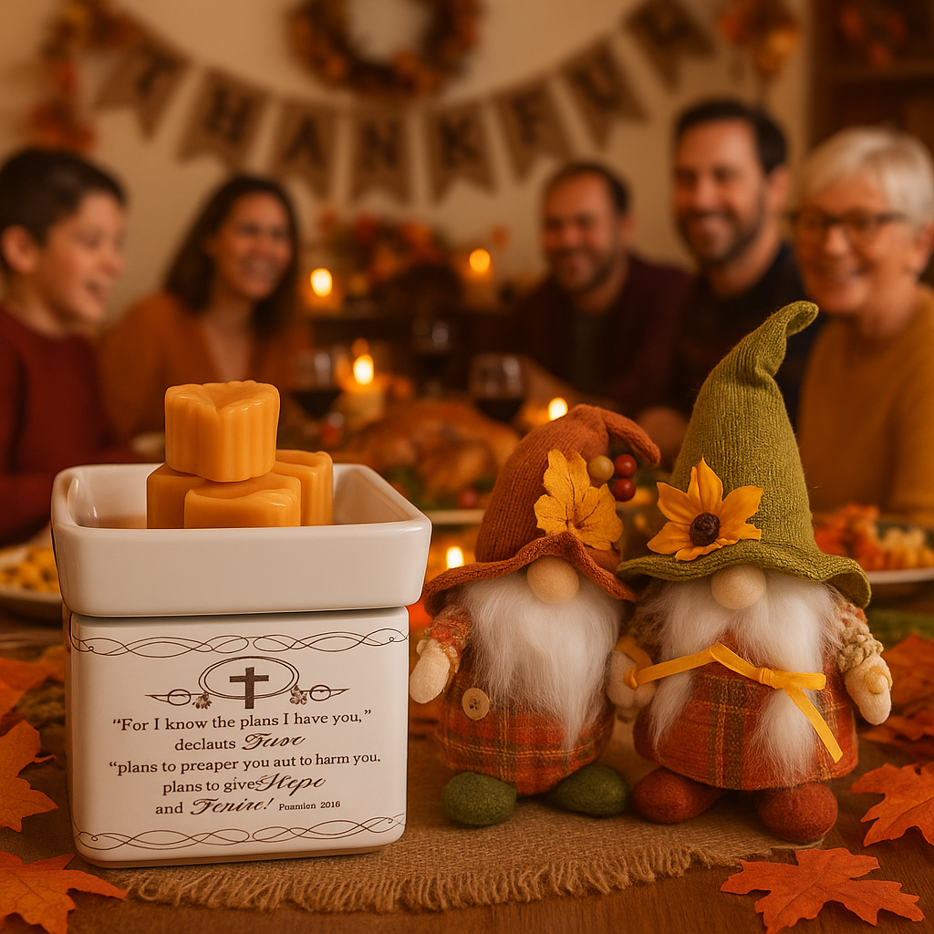 Decorative candle with gnomes on a table during a festive gathering.
