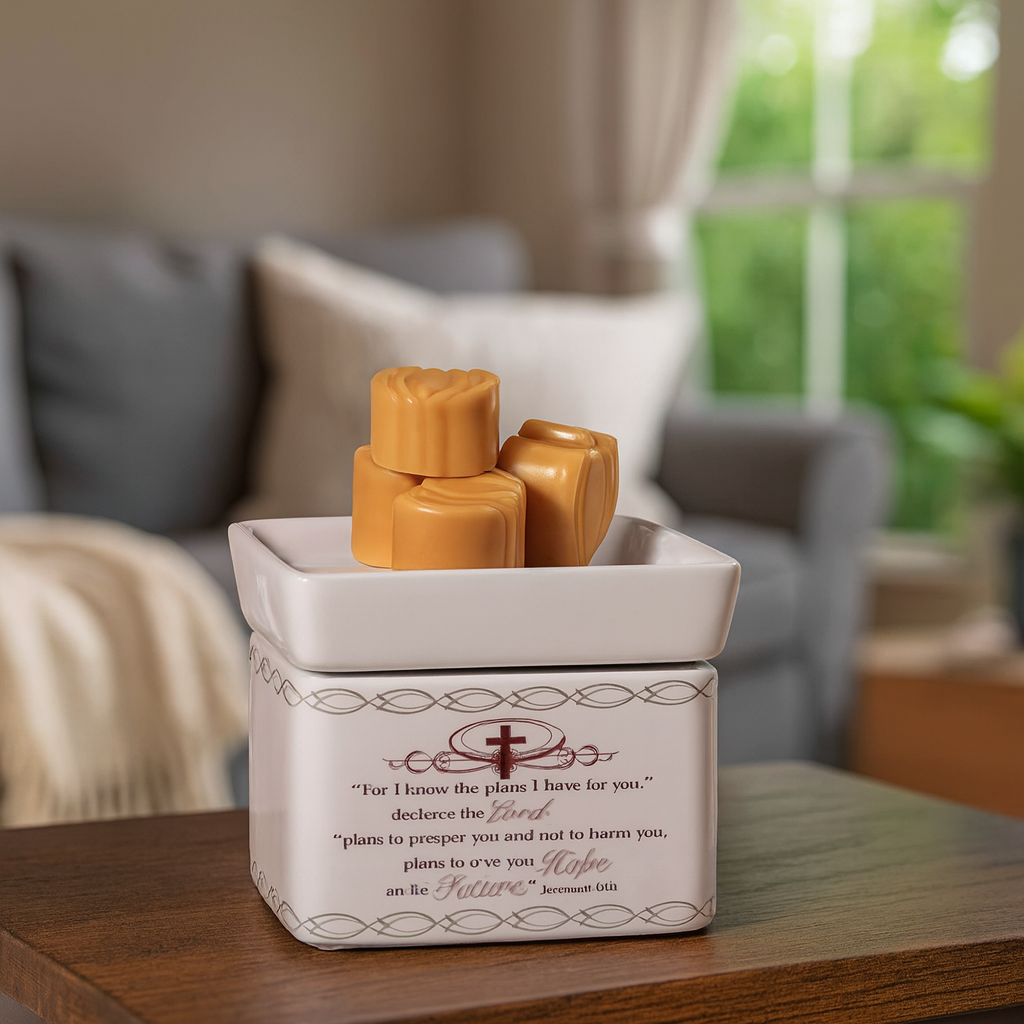 Decorative wax warmer with candles on a table in a living room setting