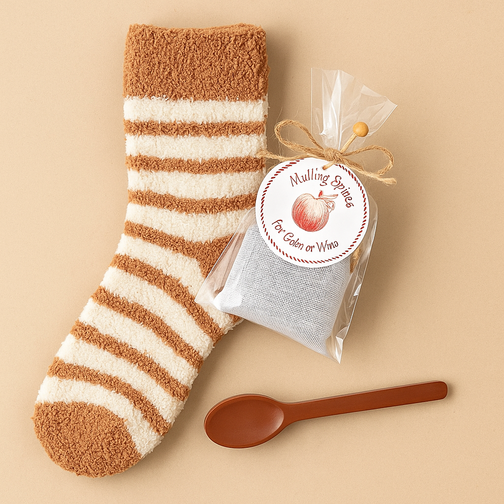 Striped socks with a Chocolate stirring spoon and a small package of Mulling Spices