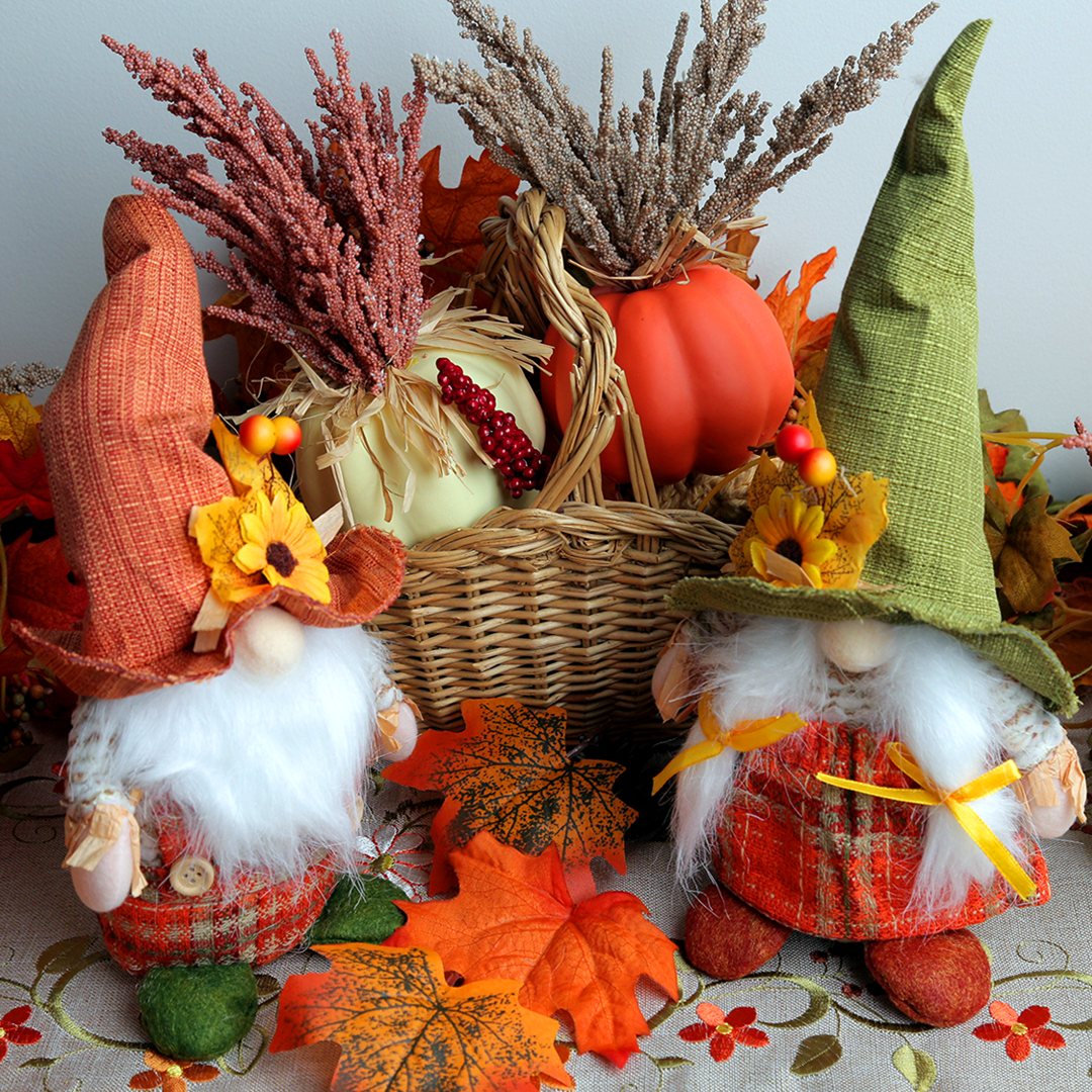 Two plush seasonal gnomes dressed in autumn-themed outfits with a basket of decorative leaves and autumnal flowers in the background.