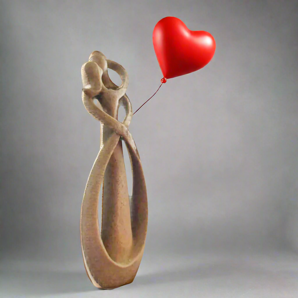 Ceramic sculpture of two figures embracing with a red heart-shaped balloon against a gray background