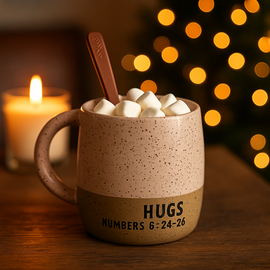 Mug with hot chocolate and marshmallows, featuring the text 'HUGS NUMBERS 6-24-26', with a candle and string lights in the background.