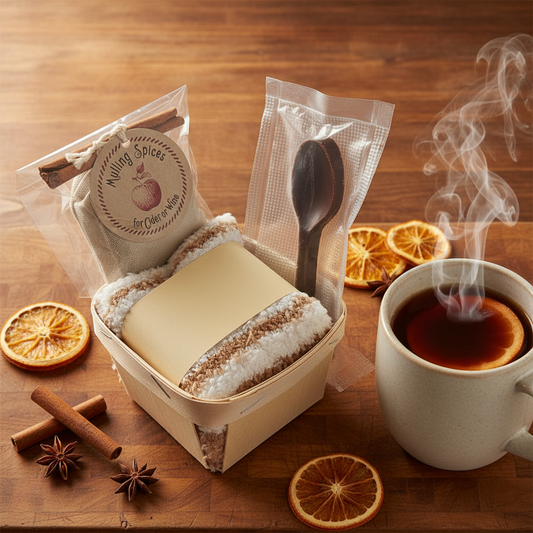 Spice set with a mug of steaming coffee on a wooden surface