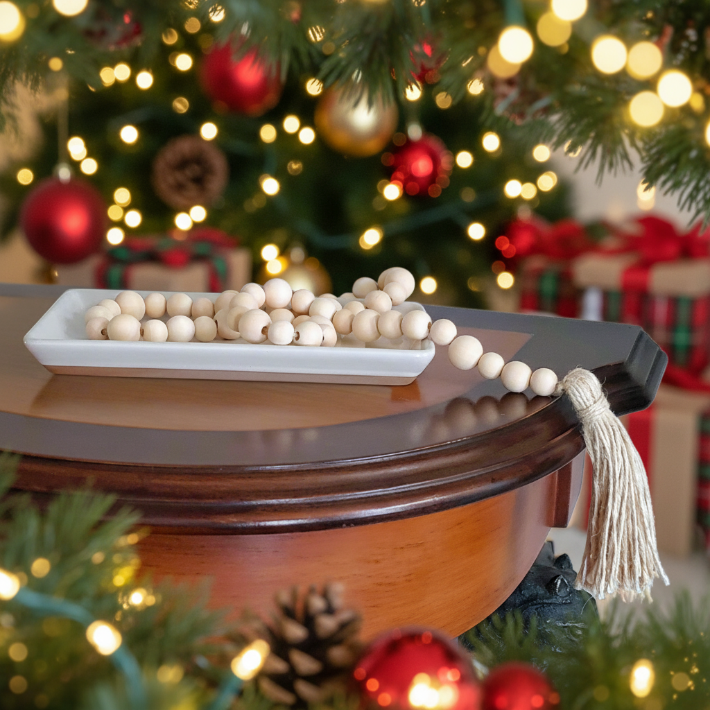 Decorative wooden bead garland on a table with a Christmas tree in the background
