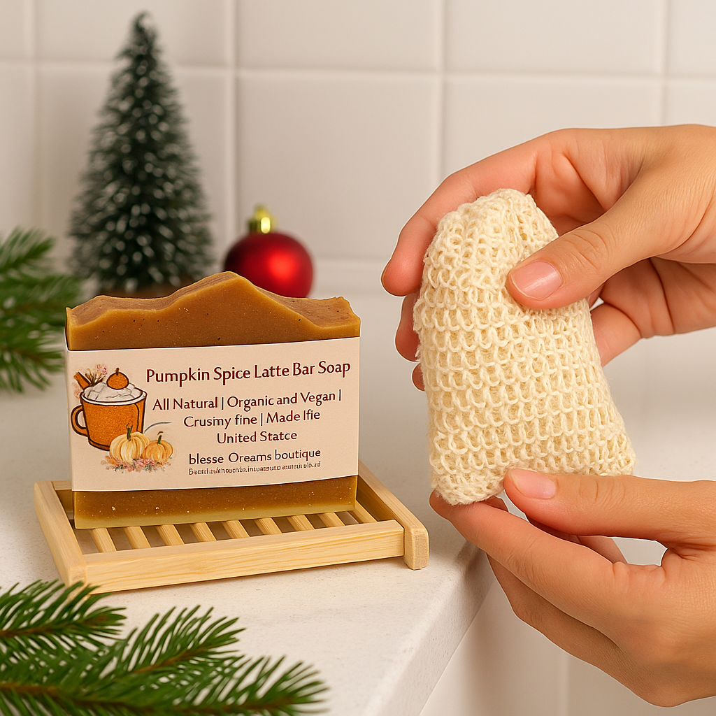 Pumpkin Spice Latte Bar Soap with a hand holding a loofah sponge in a bathroom setting.