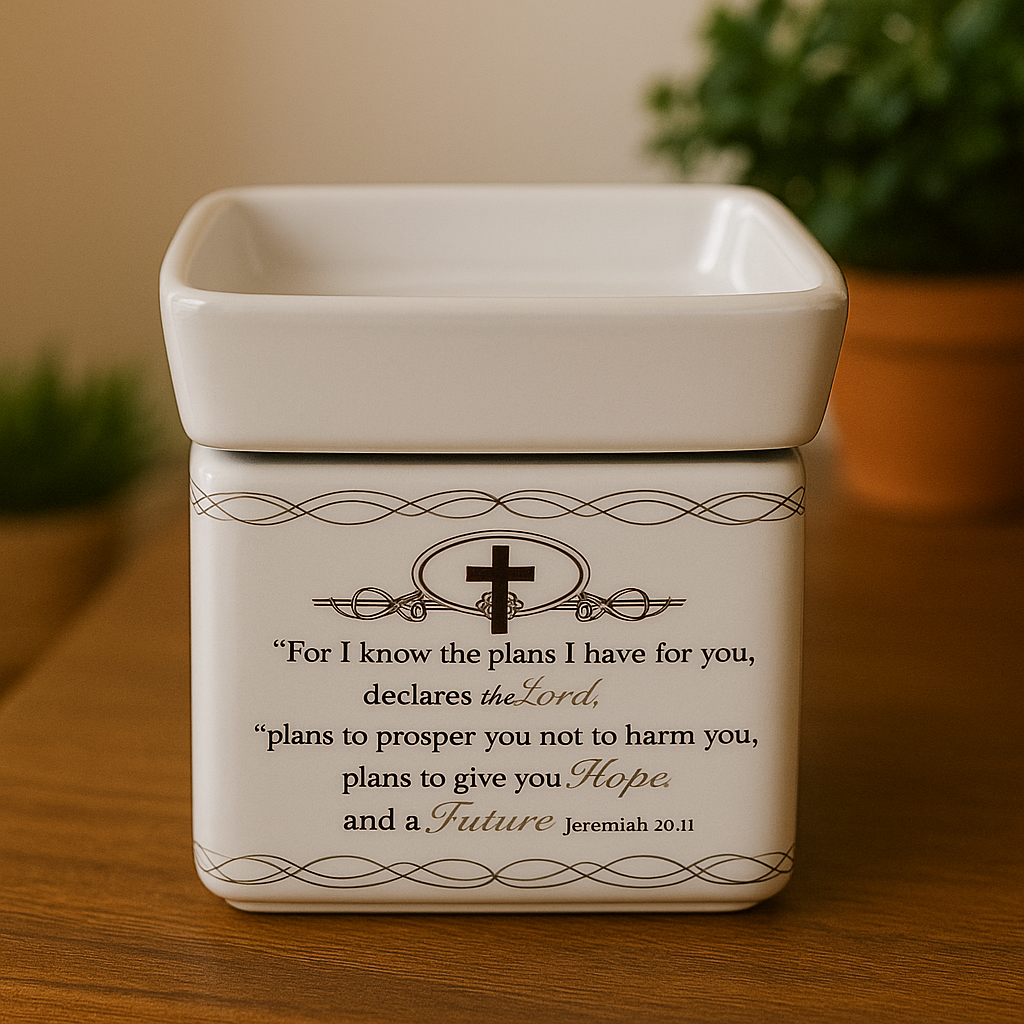 White ceramic container with religious text and cross design on a wooden surface.