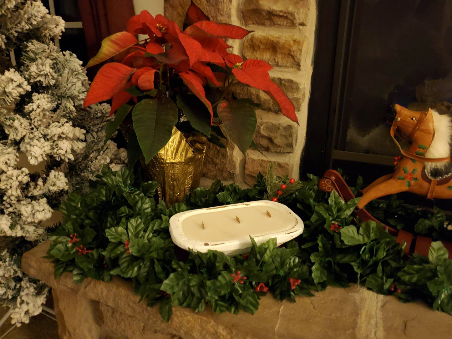 Winter Décor 3 Wood Wick Scented Candle Whitewash Dough Bowl - Christmas Cabin