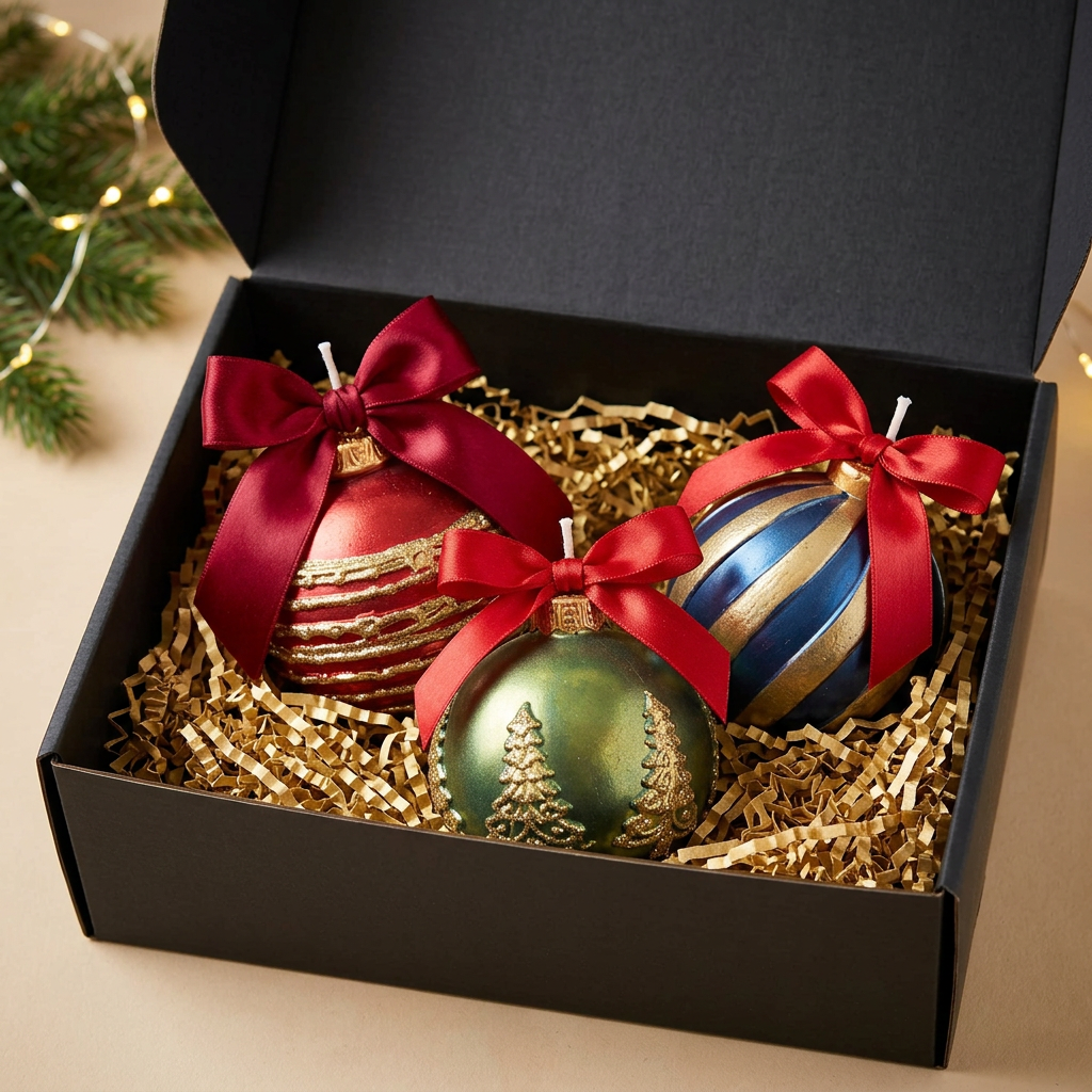 The Scented Wax Baubles Gift Box - Set of 3 Hand-Painted Candles nestled in shredded paper inside an open black gift box. The ornaments are hand-painted with metallic gold, red, blue, and green patterns and tied with red tulle bows.