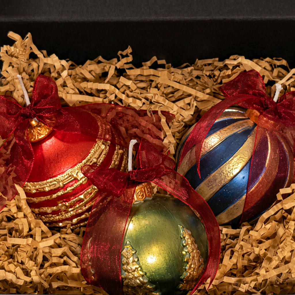 The Scented Wax Baubles Gift Box - Set of 3 Hand-Painted Candles nestled in shredded paper inside an open black gift box. The ornaments are hand-painted with metallic gold, red, blue, and green patterns and tied with red tulle bows.