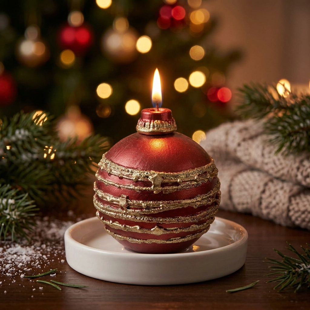 A Red Scented Wax Bauble Ornament with horizontal gold glitter stripes, lit up.