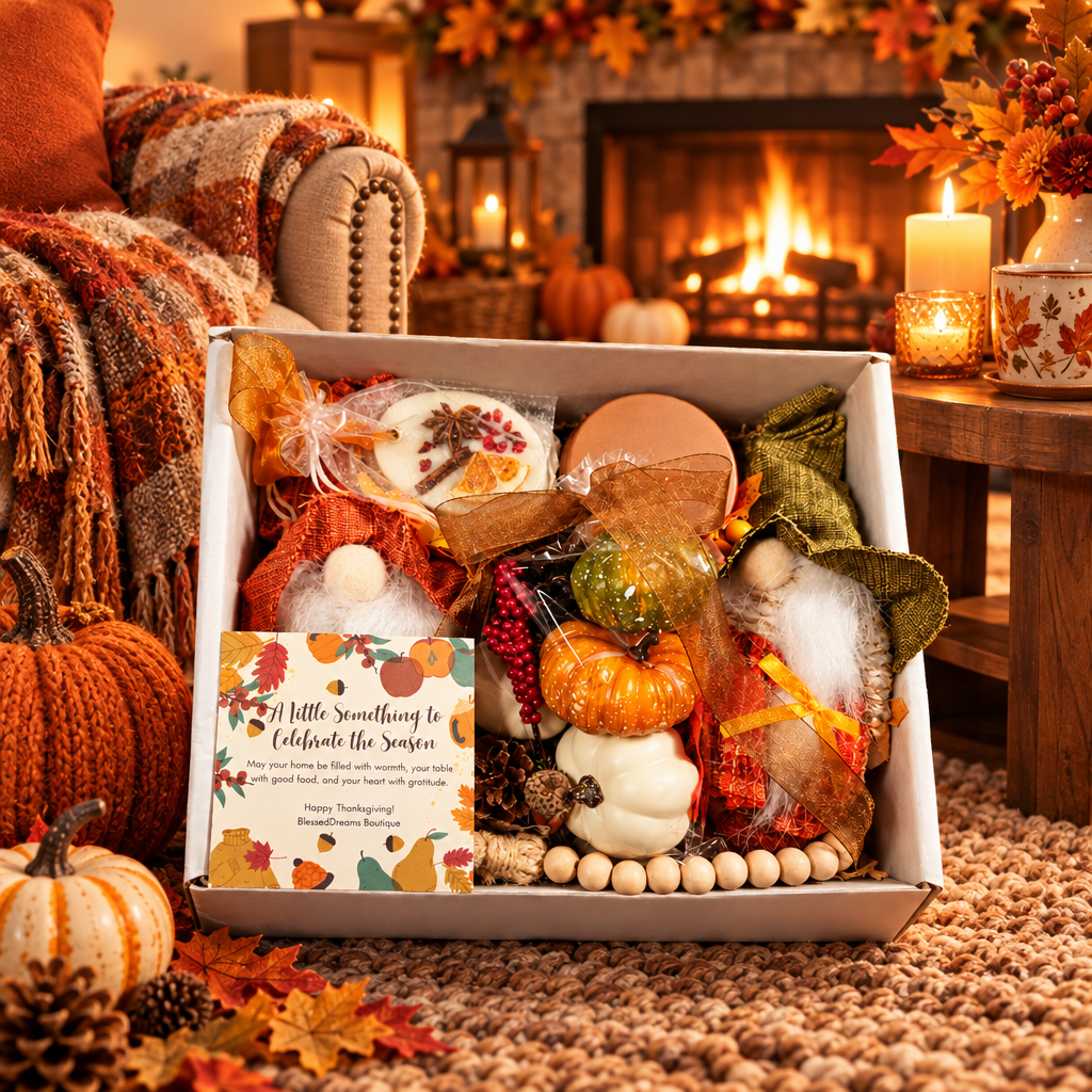 Gathered in Gratitude Thanksgiving gift box filled with autumn-themed items, including small pumpkins, a couple gnomes figure in an orange plaid outfit, a beaded garland, a round wooden coaster, and a printed card that reads 'A Little Something to Celebrate the Season' with 'Happy Thanksgiving!'.