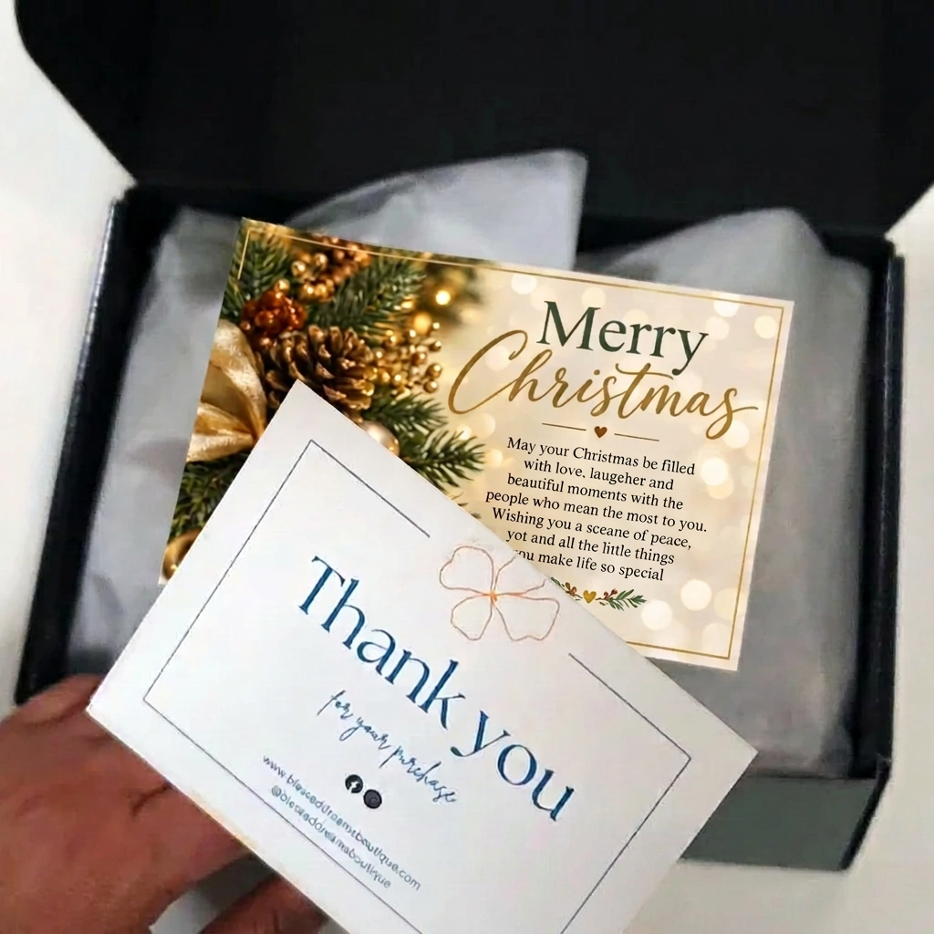 A hand is placing a white 'Thank you' card into a black gift box with tissue paper and a Christmas greeting card inside.