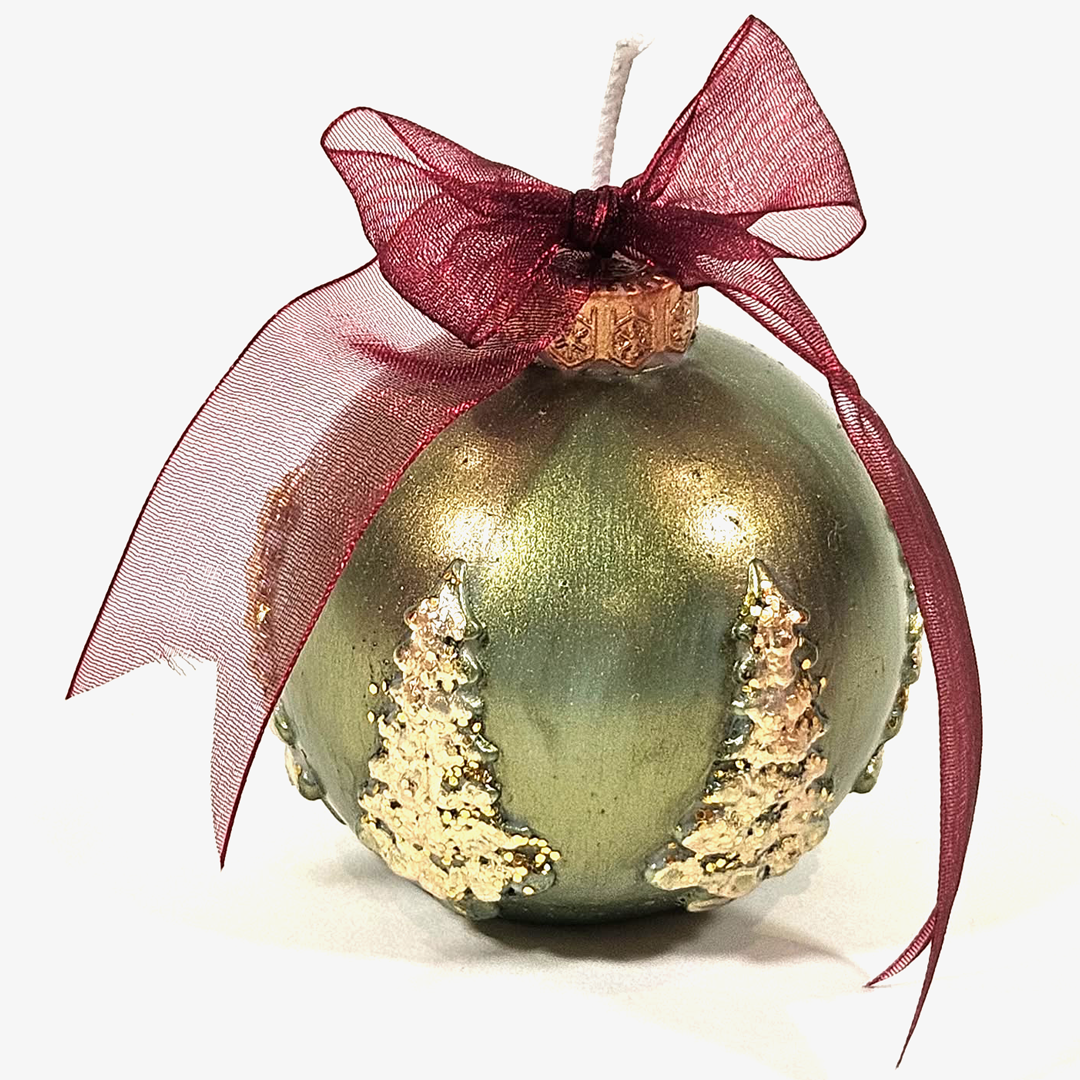 A Green Scented Wax Baubles Ornament with textured gold tree designs on the lower half, finished with a sheer burgundy ribbon bow and gold cap, set against a plain white background.