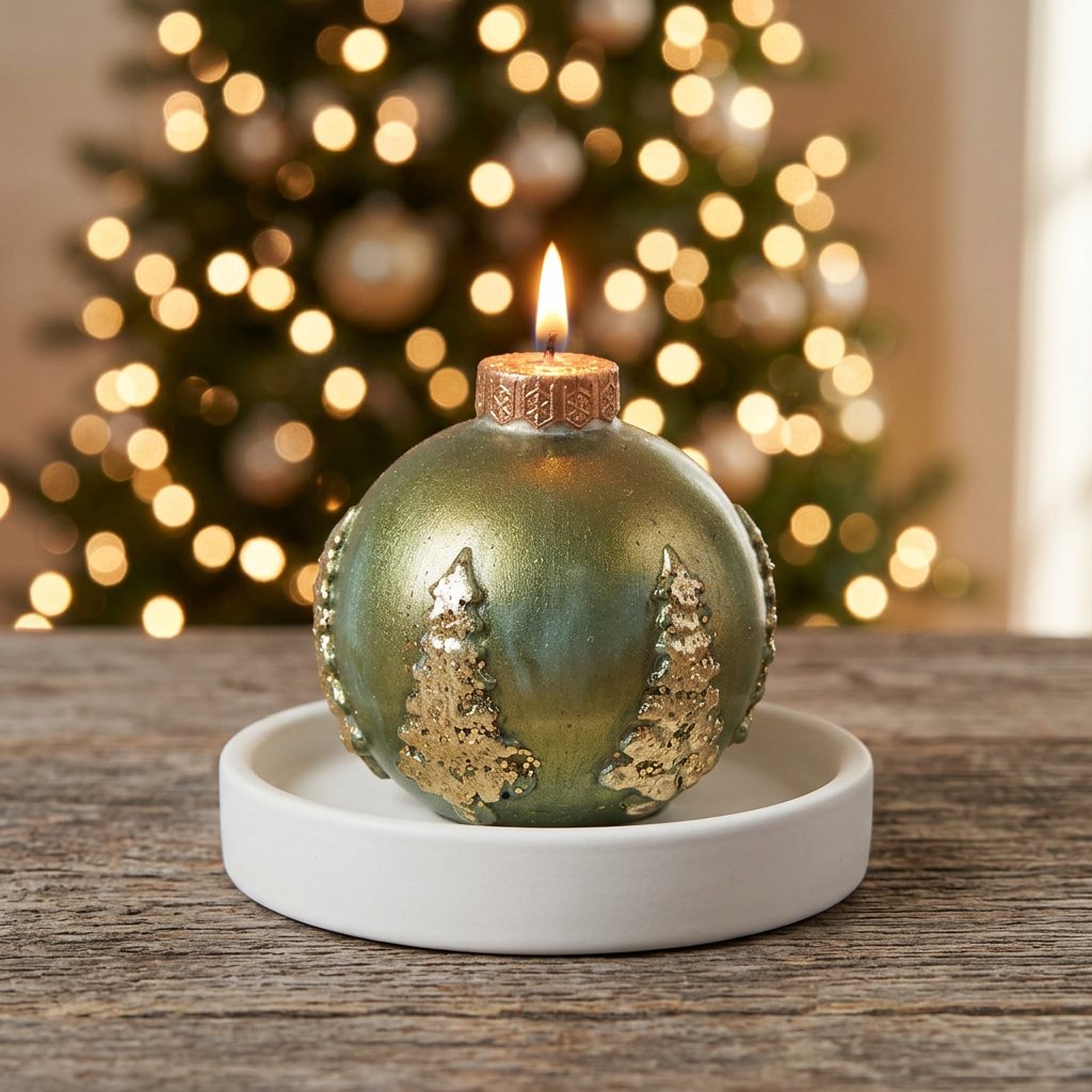 A Green Scented Wax Baubles Ornament with textured gold tree designs on the lower half, gold glitter with other ornaments in a gift box behind it.