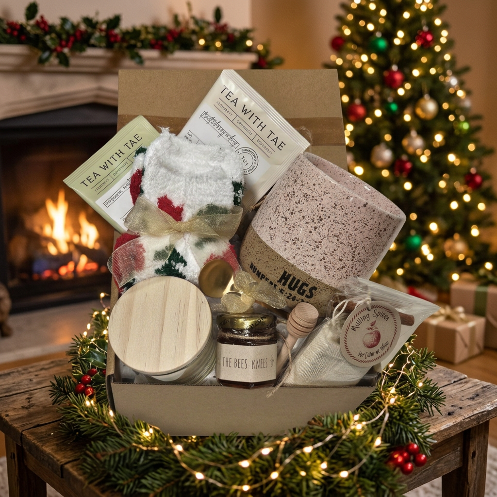 The Cozy Sips Gift Box combines the cozy comforts of tea-time favorites. It includes a Hug Mug, fluffy holiday socks, mini honey with a dipper, a gold coffee teaspoon, a hand-poured 4 oz candle, two flavorful teas and Mulling Spices.