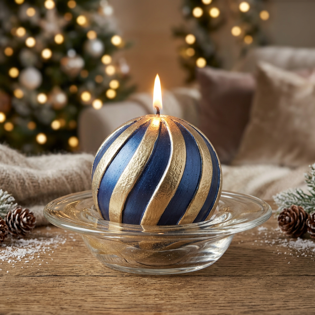 A Blue Scented Wax Baubles Ornament with striped gold glitter stripes.