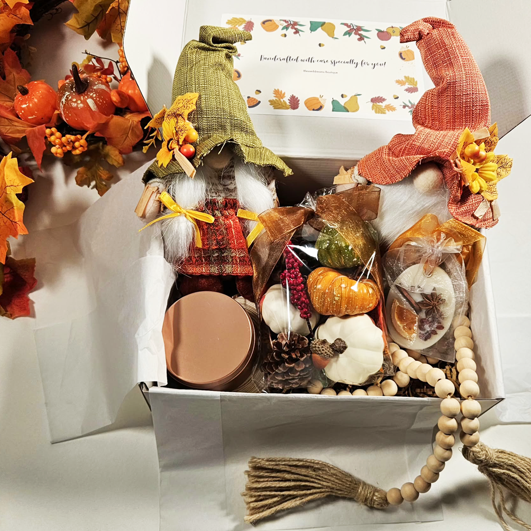 Gathered in Gratitude Fall Thanksgiving Gift Box with Pumpkin Spice candle, fall couple of gnomes, wooden bead garland, wax ornament and seasonal décor