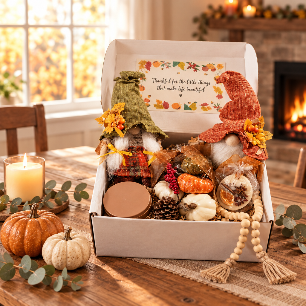 Gathered in Gratitude Fall Thanksgiving Gift Box displayed on a dining table with seasonal autumn décor