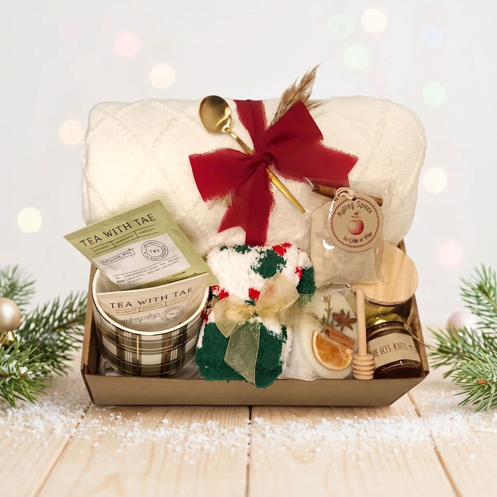 The Cozy Christmas Gift Box_ includes a Throw Blanket, a Mini Honey w/Deeper, a Holiday Fuzzy Fluffy Socks, a 4oz candle, a Green Plaid Coffee Mug, a Gold Coffee Teaspoon and packaged tea bags and accessories. Arranged on a rustic wooden table with festive decorations.