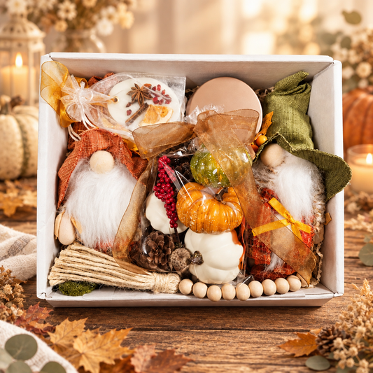 Gathered in Gratitude Fall Thanksgiving Gift Box with Pumpkin Spice candle, fall gnomes, wooden bead garland, wax ornament and seasonal décor