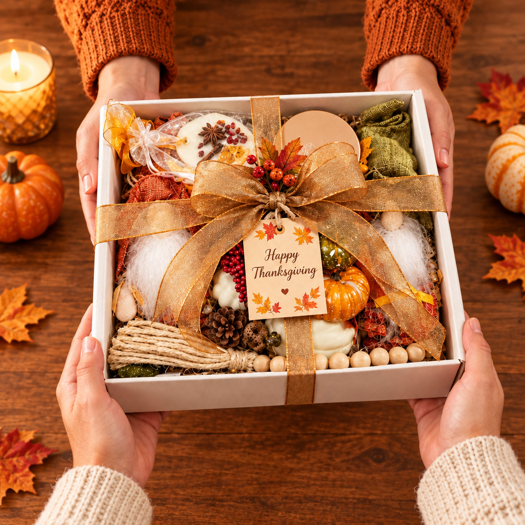 The Gathered in Gratitude Thanksgiving gift box being presented as a gift