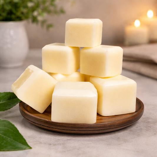 Stack of wax melt cubes on a wooden plate with a blurred background