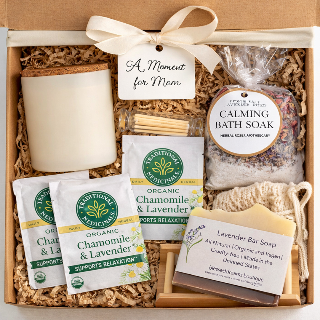 Gift set with candles, soaps, and wellness items in a box labeled 'A Moment for Mom'.