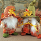 Two decorative gnomes with autumn-themed hats and plaid outfits on a neutral background.
