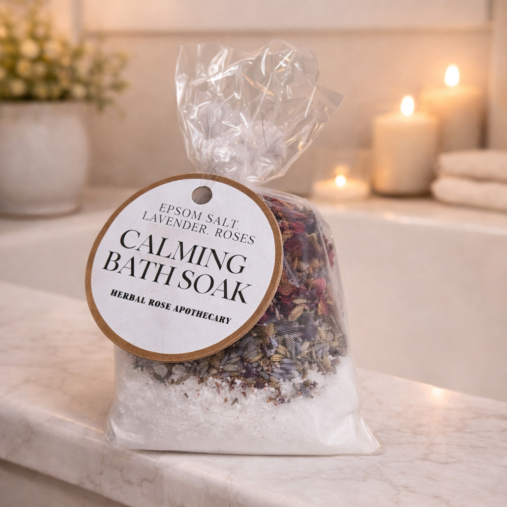 Packaged Epsom salt, lavender, and rose calming bath soak on a marble surface with candles in the background.