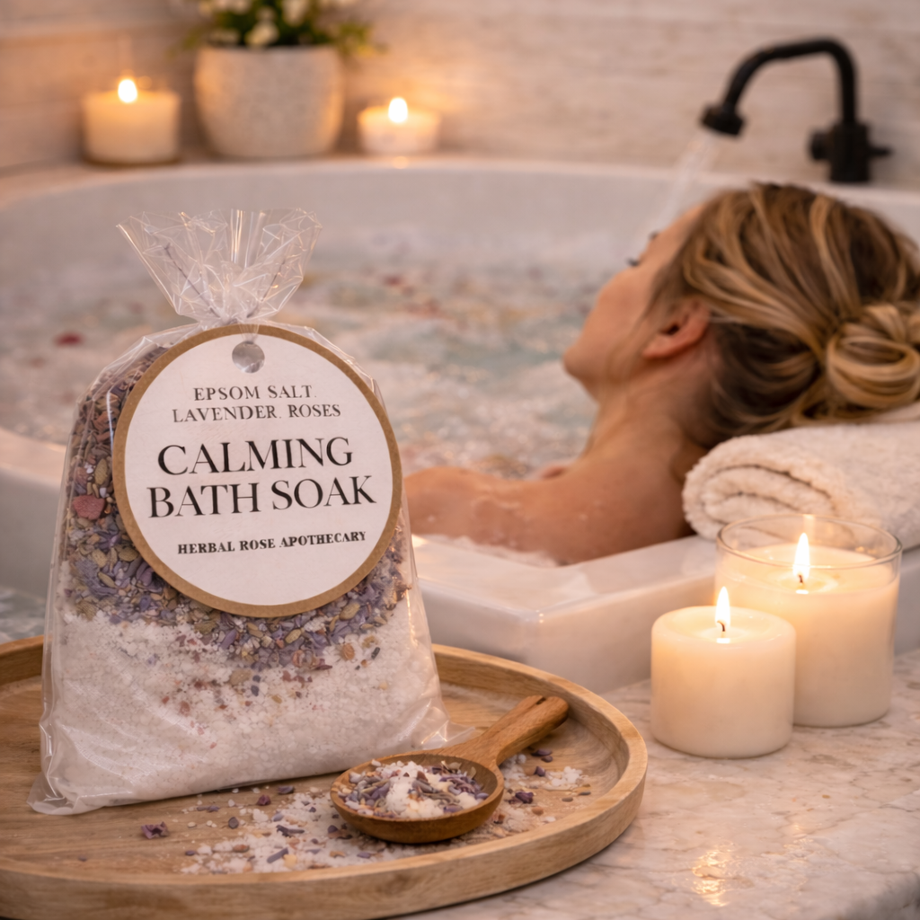 Woman relaxing in a bathtub with Epsom salt, lavender, and rose calming bath soak, candles, and a plant.