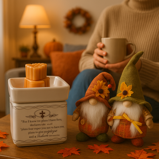 Two gnomes with sunflower hats sitting on a table next to a wax warmer and a person holding a mug.