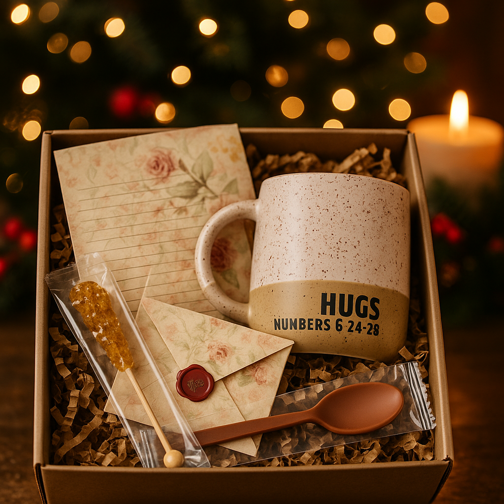 Gift box with mug, letters, and candy against a warm, blurred background