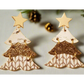 Pair of Christmas tree-shaped earrings with gold accents on a light background.