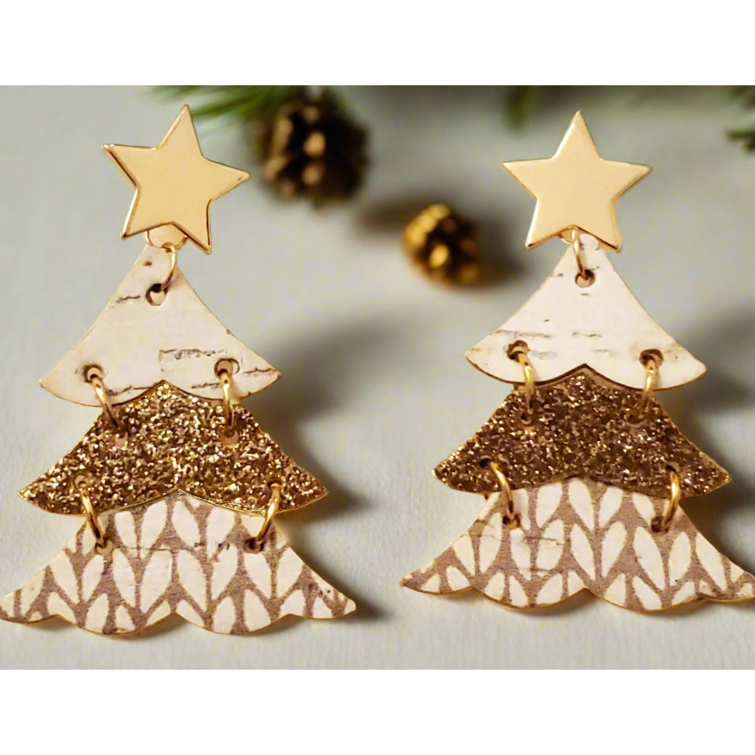 Pair of Christmas tree-shaped earrings with gold accents on a light background.