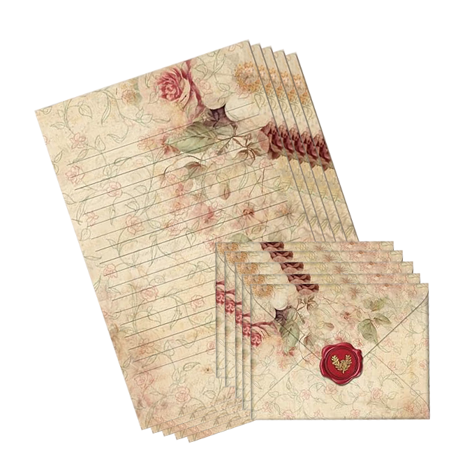 Set of floral stationery with matching envelopes on a white background