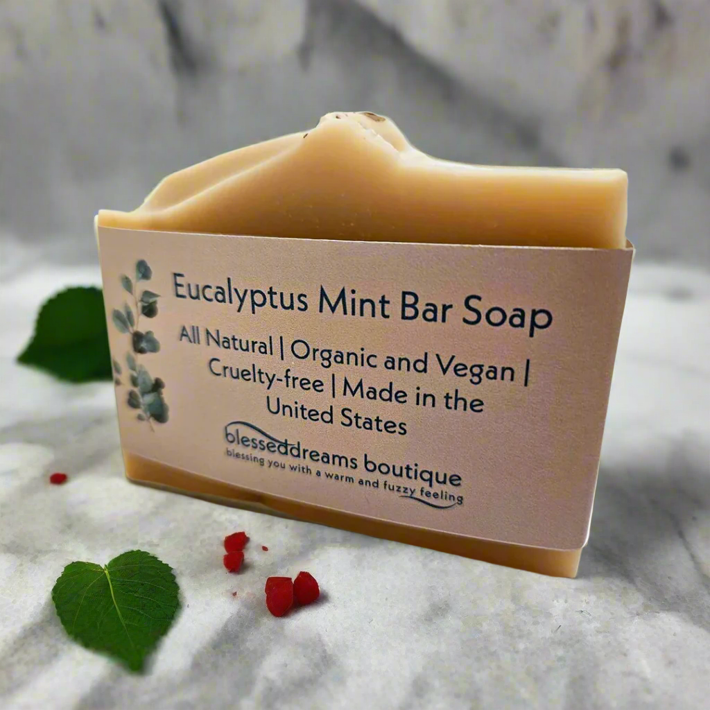 Eucalyptus Mint Bar Soap with packaging on a marble surface