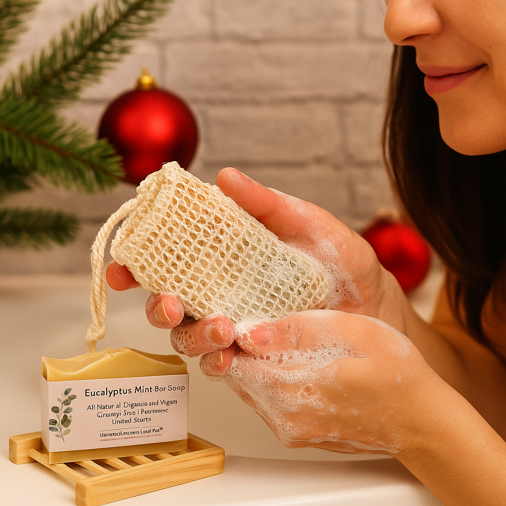Person holding a natural soap with a loofah, Christmas decorations in the background
