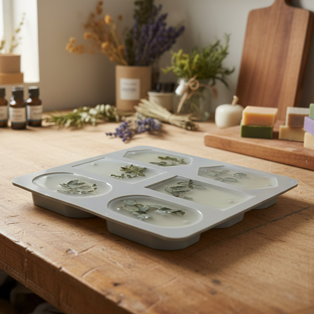 A silicone mold tray with six oval cavities containing wax and dried botanical leaves, set on a rustic wooden table with and dried flowers in the background.