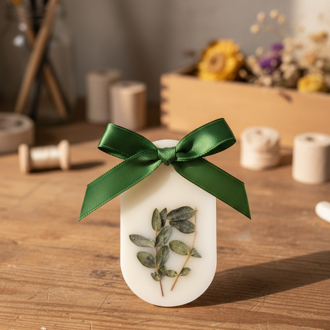 A Eucalyptus sachet with dried green leafs in the center, tied with a green satin ribbon, displayed on a wooden table.