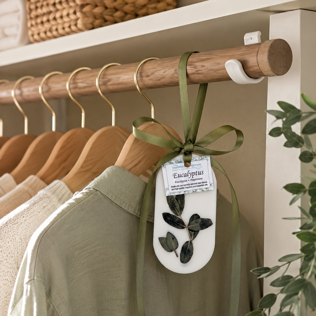 A Eucalyptus sachet hanging with a pressed eucalyptus leaf and a ribbon, labeled 'Eucalyptus' and 'Scented Candle Fragrance Oil', hanging from a wooden hanger on a closet rod.