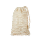 Beige woven drawstring bag on a white background