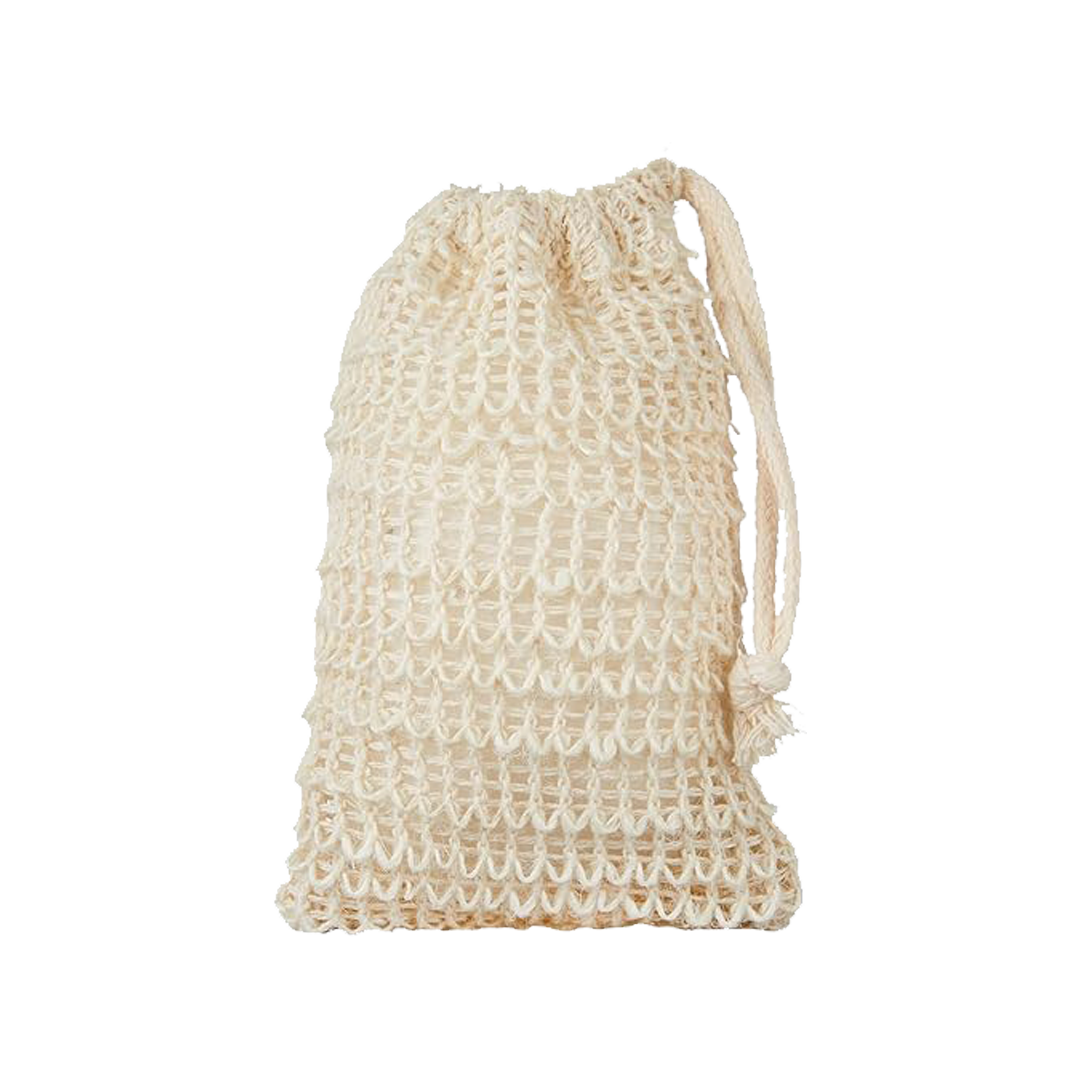 Beige woven drawstring bag on a white background