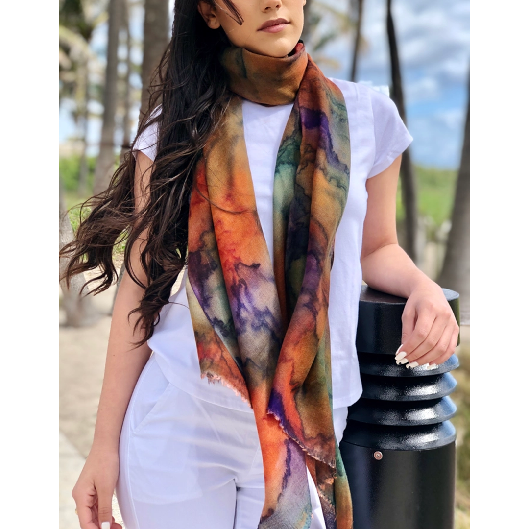 Hand Painted Orange and Purple Watercolor Wool & Silk Scarf