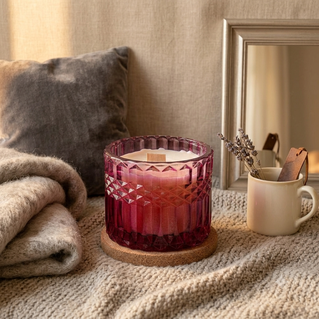 A pink glass candle jar sits on a stack of natural wood slices, surrounded by a wooden bead garland, tassel decor,  in front of a mirror. 
Heavenly Chocolate Cherries-7oz posh candle vessel & lid - translucent mauve