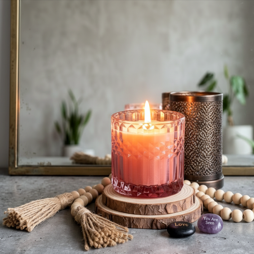 A lit pink glass candle holder with a diamond-patterned texture sits on a wooden slice coaster, surrounded by decorative elements, wooden beads, tassels, and small stones on a gray concrete surface.
Heavenly Chocolate Cherries-7oz posh candle vessel & lid - translucent mauve__al