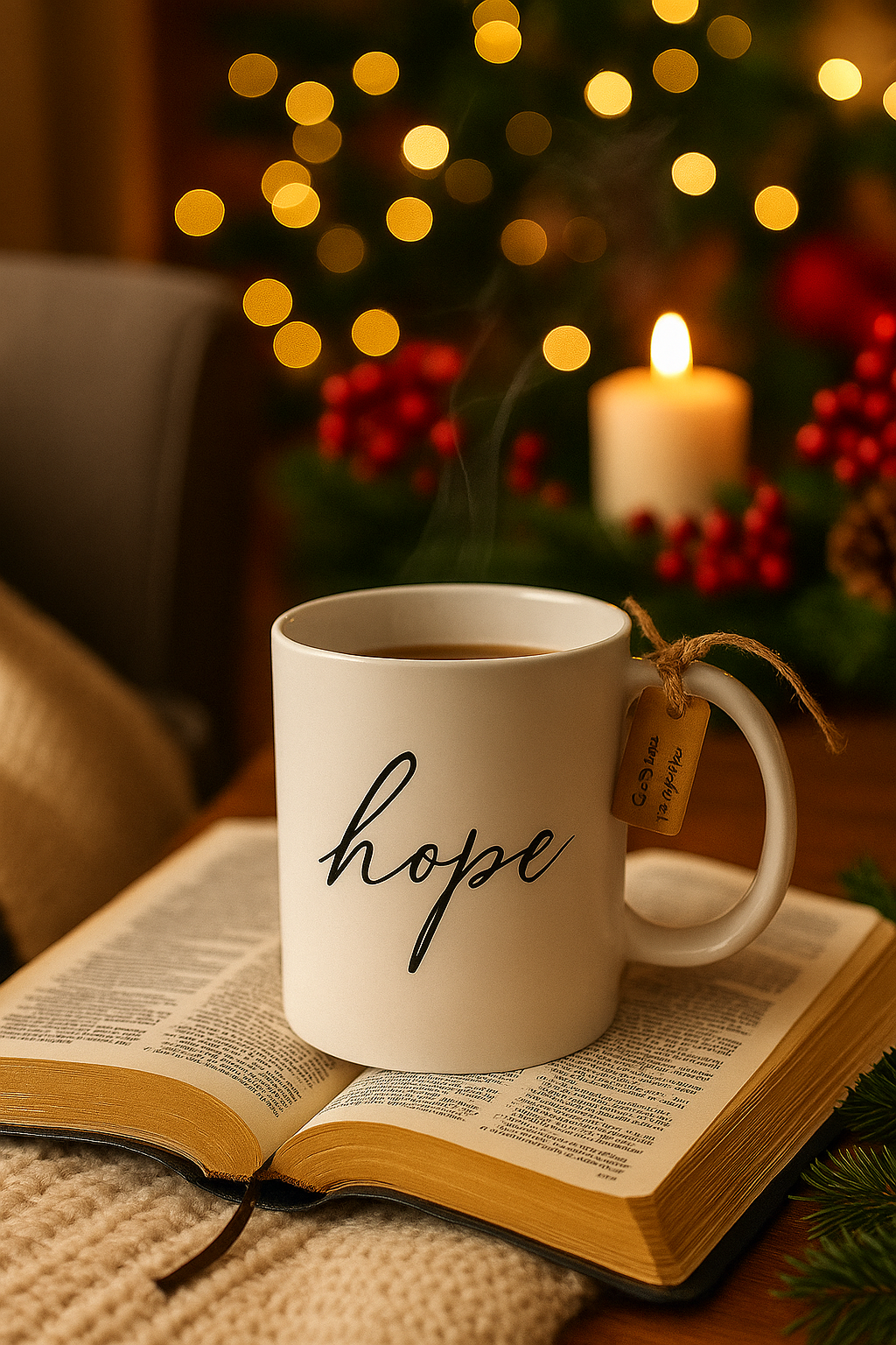 White mug with 'hope' on an open book, surrounded by festive decorations including a lit candle and blurred lights.